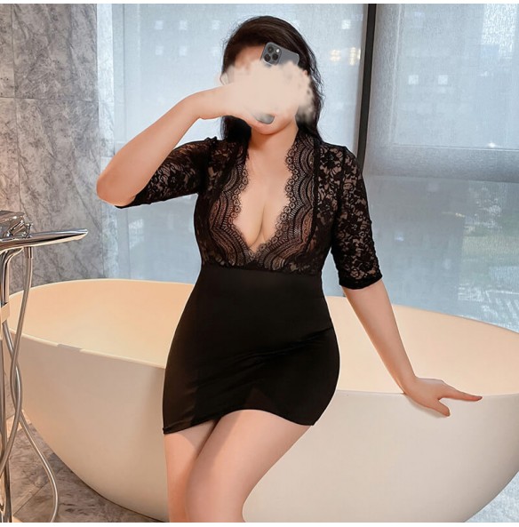 FEE ET MOI - Deep V Lace Sexy Hip-hugging Secretary Skirt (Plus Size - Black) FEE ET MOI - Deep V Lace Sexy Hip-hugging Secretary Skirt (Plus Size - Black)